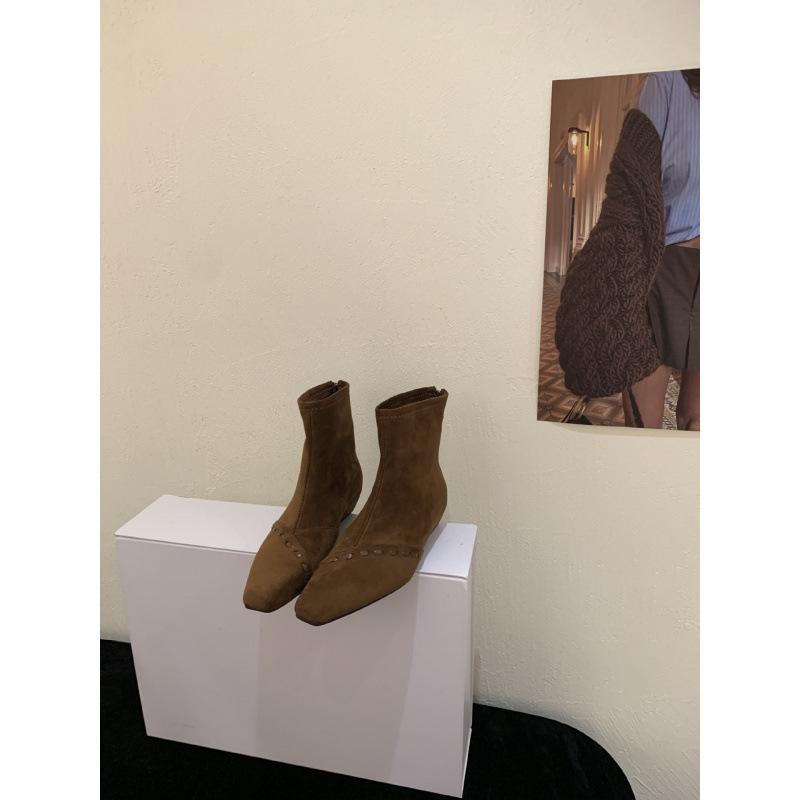 French Niche Weaving Design Wedge Heel Thin Boots Women's Autumn and Winter Temperament Versatile Suede Rear Zipper Bare Boots