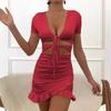 Women's Deep V-neck Hollowed-out Peplum Wrap Hip Sexy Dress
