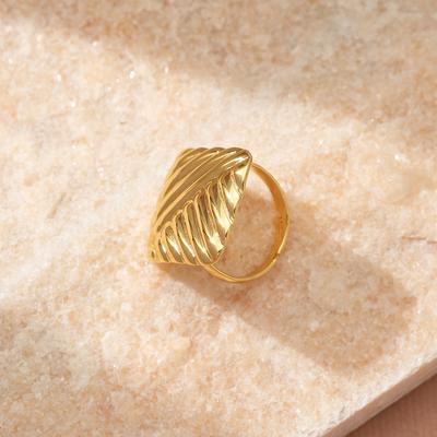 Golden Plated Ribbed Diamond Open Adjustable Ring for Women Modern Statement Jewelry Gift