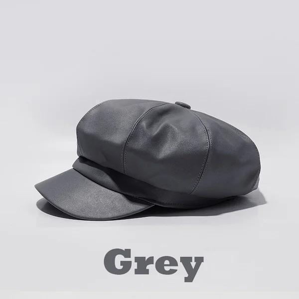 Корейская версия Берет из ПУ На открытом воздухе Темперамент Модная Ретро Восьмиугольная шляпа Гонконгский стиль Интернет-знаменитость Модная Восьмиугольная шляпа с козырьком серый