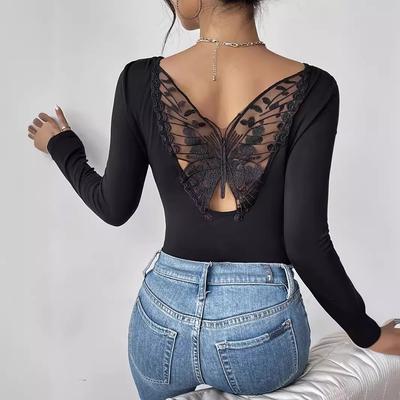 Elegante Maglietta a Maniche Lunghe con Pizzo a Farfalla Paste Hu, Schiena Scavata, Tinta Unita, Top Aderenti, Essenziali Versatili per l'Armadio, Articoli di Moda, Camicia