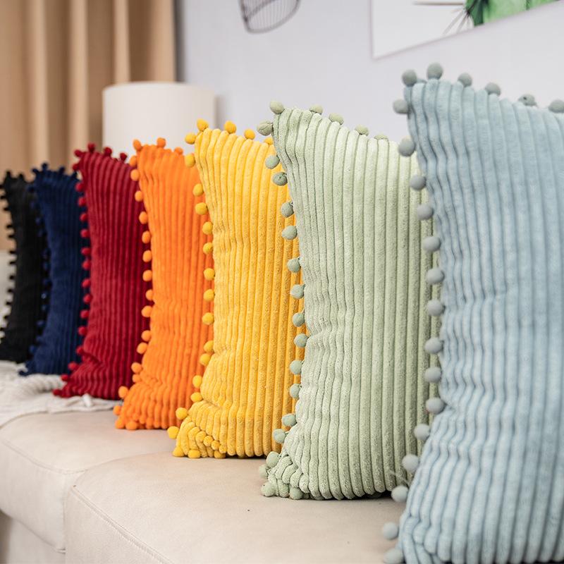 2PCS Boho Chic Corduroy Throw Pillow Cover with Pom-Poms - Soft, Striped Square Cushion Case for Living Room & Bedroom Decor, Perfect for Weddings