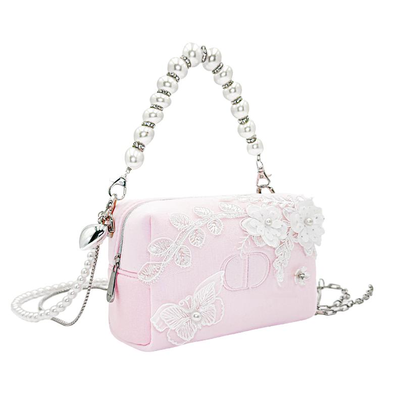 Dior DIY Stil Kosmetiktasche Leinwand Rosa Schmetterling Tragbar Schulter Sanft Französisch Elegant Romantisch Spitze Stickerei Perle Pendeln Date