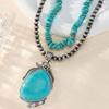 Boho Vintage Turquoise Chip Bead Layered Necklace Ethnic Style Alloy Pendant Chain Women Men