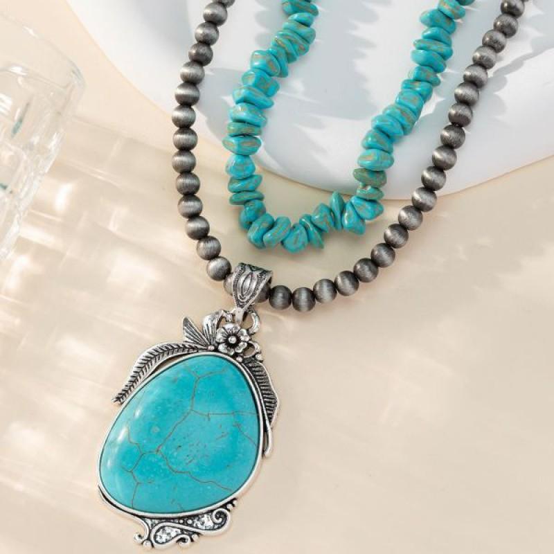 Boho Vintage Turquoise Chip Bead Layered Necklace Ethnic Style Alloy Pendant Chain Women Men