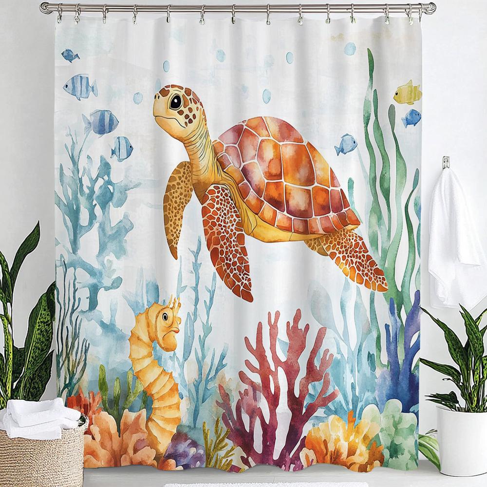 1pc Sea Turtle Print Waterproof Shower Curtain,Beach Coastal Ocean Turtle Starfish Partition Privacy Hanging Curtain with Hooks