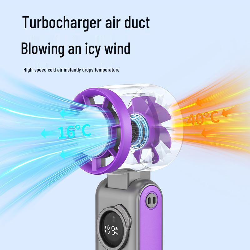 Handheld Folding USB Ice Pack Fan with Digital Display - Compact Turbine Fan with Strong Wind Power
