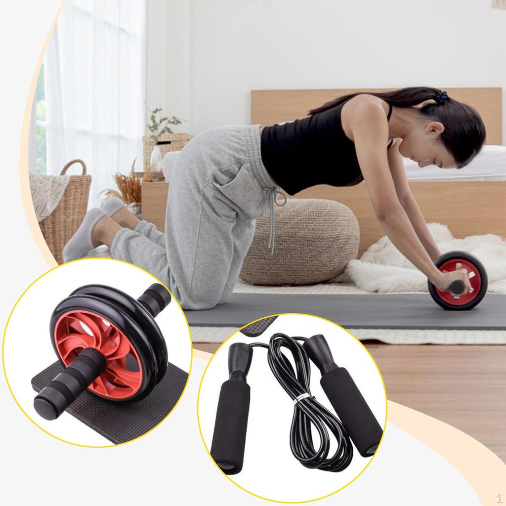7 Piece Ab Workout Roller Wheel Kit Jump Rope Knee Pad Accessories Anti Slip Grip for Men and Women