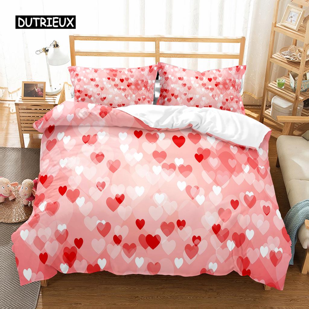 Love Heart Duvet Cover Set Single King Romantic Theme Bedding Set Rose Floral Comforter Cover For Valentine's Day Wedding Decor
