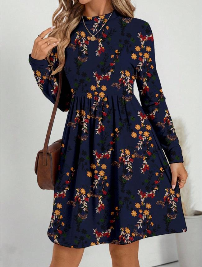 2026 New European and American Cross-border Bohemian Style Printing Long-sleeved A-shaped Dress Women's Fashion Temperament Dress