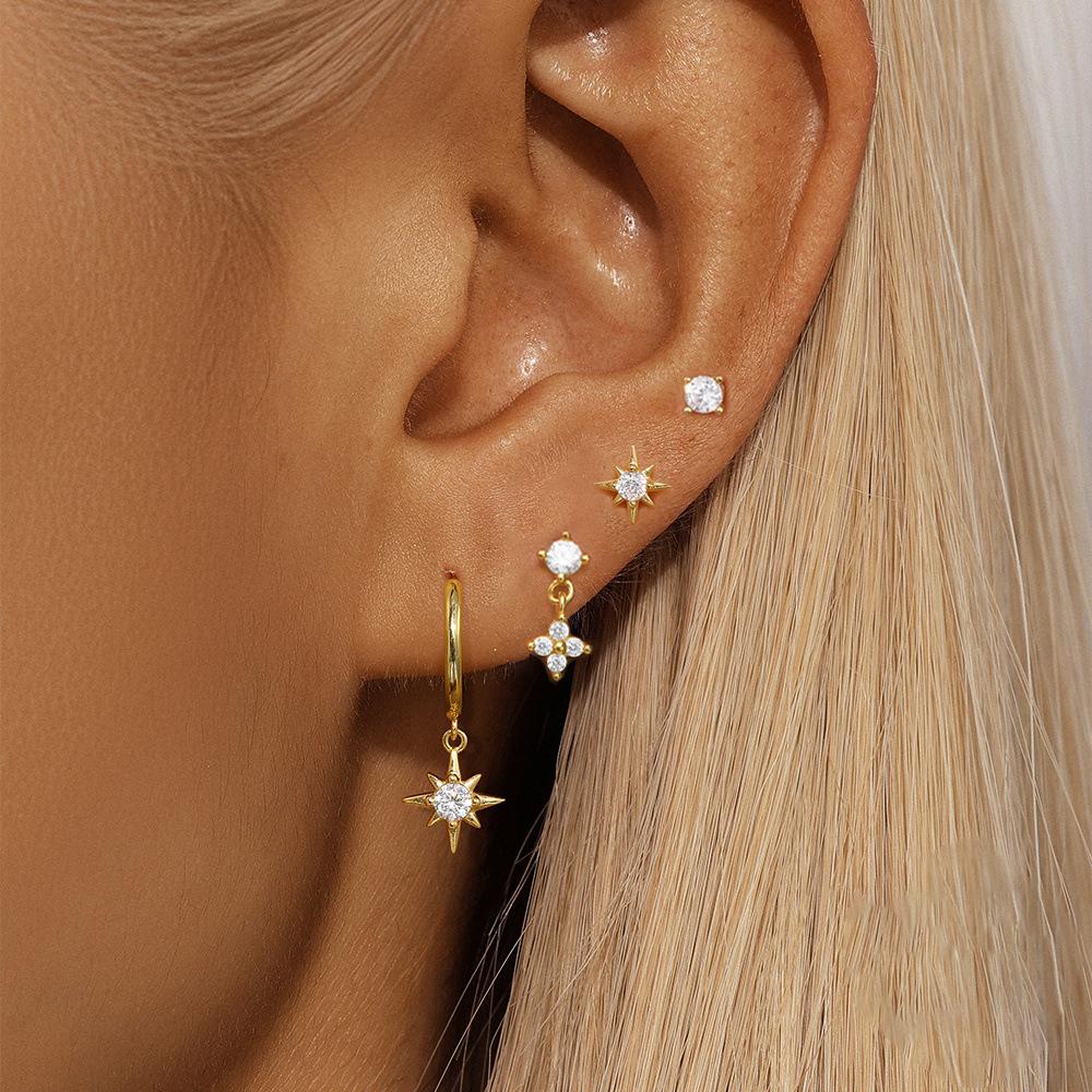 New Arrival Stainless Steel Crystal Zirconia Star Earrings Set For Women Girls Teens Temperament Stud Earrings Lady Jewelry Gift