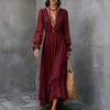 Women's Color Chiffon V Neck Long Sleeve Bohemian Dress with Asymmetrical Ruffle Hem