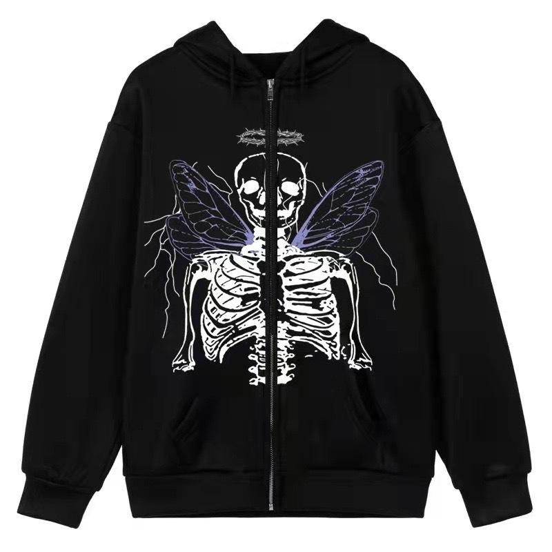 Hooded sweater in stock, zipper sweater autumn and winter European and American butterfly sweater gothic sports hooded jacket