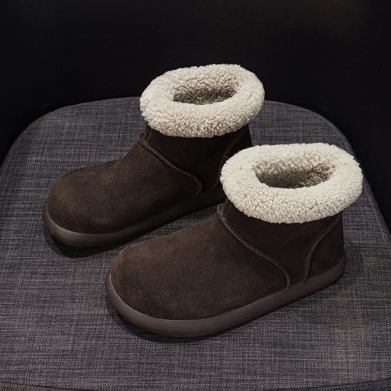 Small potato leather retro round head ugly cute short boots women's winter new velvet snow boots warm and thick