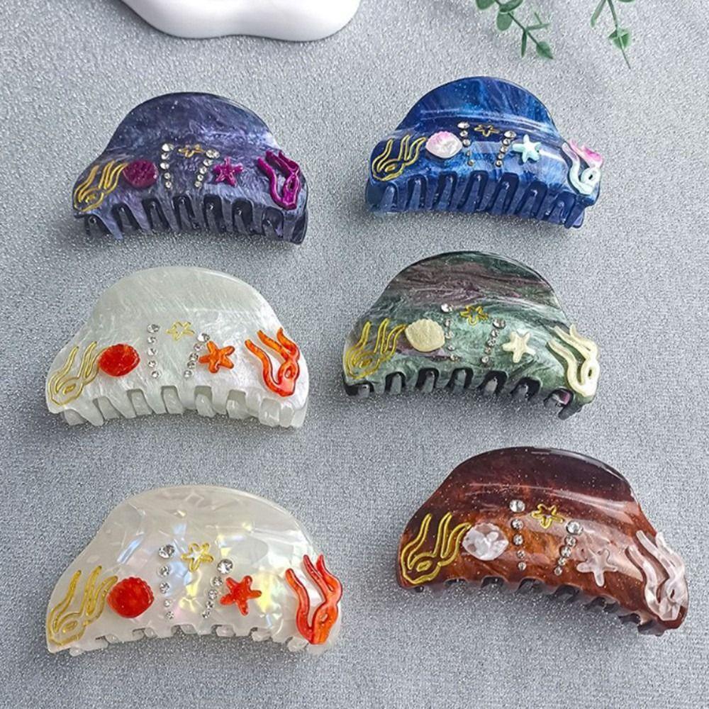 Starfish Rhinestone  Hair Claw Pearl Acrylic Shark Clip Fashion Ocean Shell  Hair Grab  Girls