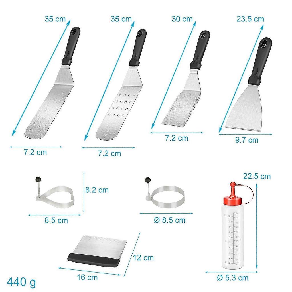 Stainless Steel Grill Cutlery Set - 2 Spatulas, 2 Bottles, 2 Egg Rings, 1 Hamburger Turner, 1 Scraper and 1 Dough Card (9 Pieces)