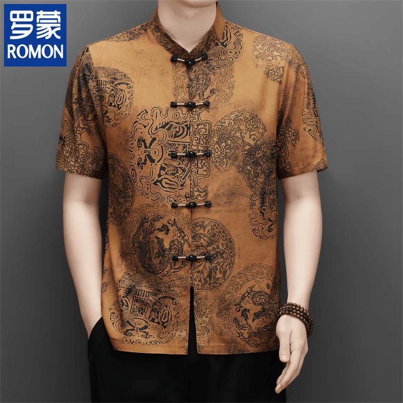 

ROMON Men s New Chinese Style Stand Collar Short Sleeve Shirt 185
