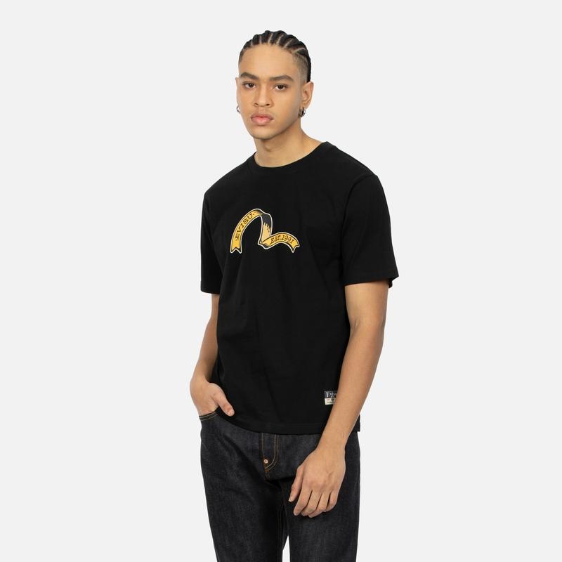 Evisu SS24 Ribbon Seagull And Family Flower Print Regular Fit T-Shirt Men T-Shirts Black 2ESHTM4TS1078XXCT
