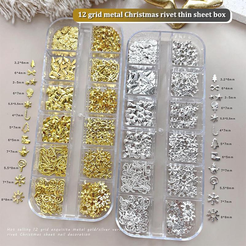 12 Grids Christmas Metal Slice Xmas Tree Snowflake Lollipop Gear Star Gold Silver Nail Art Sequins Decorations Manicure Charms