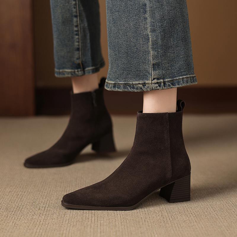 Krazing Pot Cow Suede Nubuck Winter Round Toe Chunky Heels Fashion Boots Women Zipper Retro Elegant Women Ankle Boots