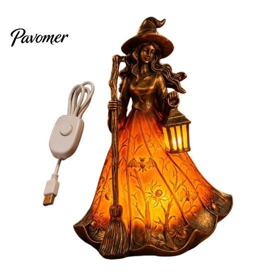 Desktop Night Light for Bedroom Halloween Witch Tabletop Lamp, Gothic with Broom & Lantern, Retro Style Desk Lamp USB Powered Spooky Ambient