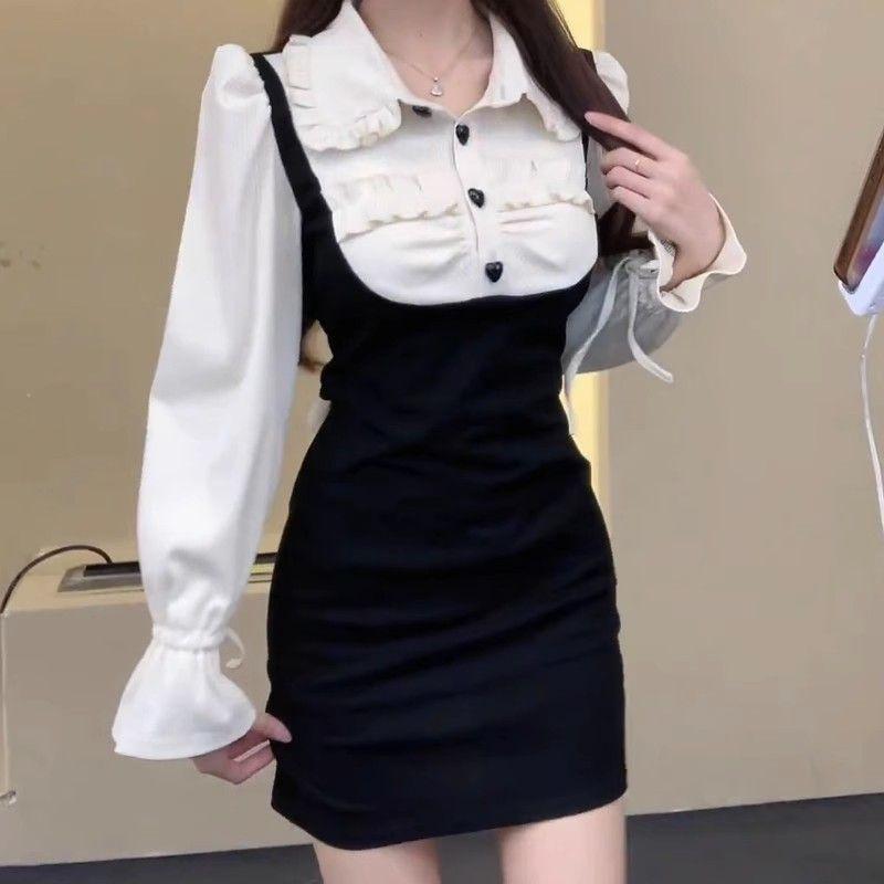 Pure desire fake two-piece splicing long-sleeved dress women's early autumn design sense niche temperament slim and thin hip-wrapped short skirt