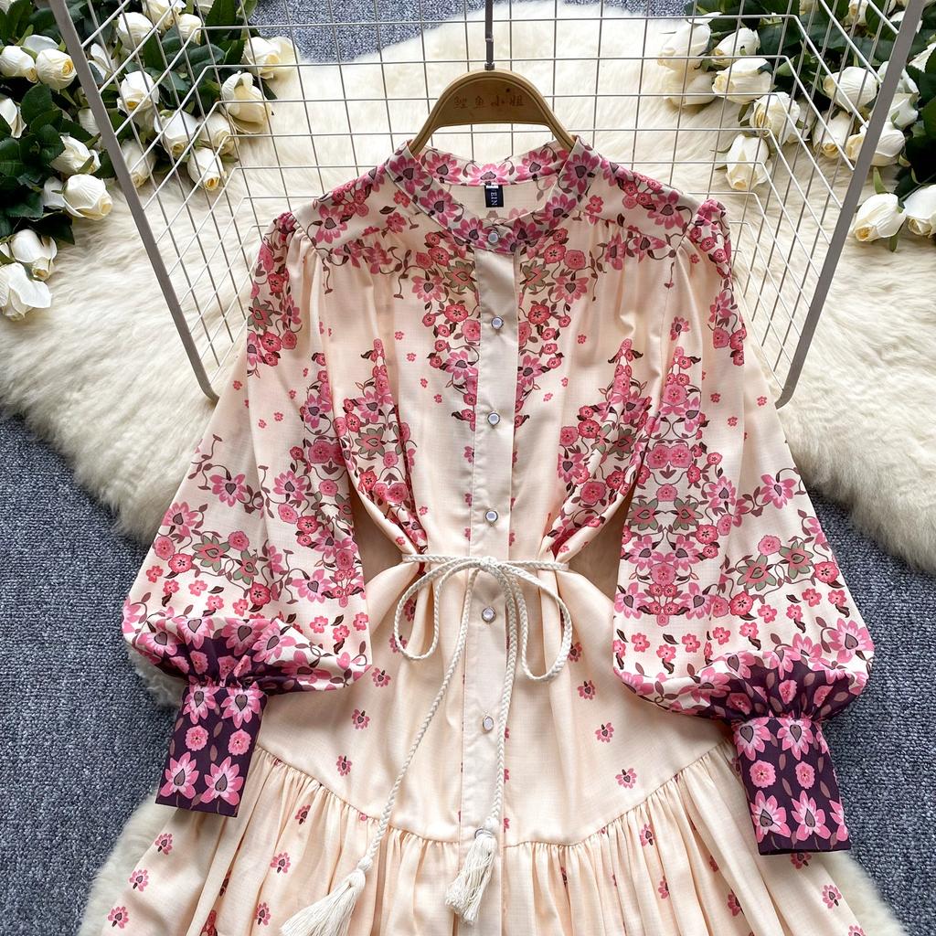 Spring Autumn Women Lantern Sleeve Print Single Breasted Loose Holiday Beach Party Long Maxi Dresses with Belt