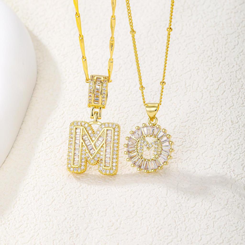 Hot Style Diamond Rock Candy 26-Letter Pendant Necklace: Copper, Zircon, and Real Gold Plated Jewelry Set