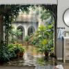 Cortina de ducha estilo chino, tablero de madera vintage, edificio de jardín, planta verde, patrón de bambú, decoración de baño, juego de cortinas