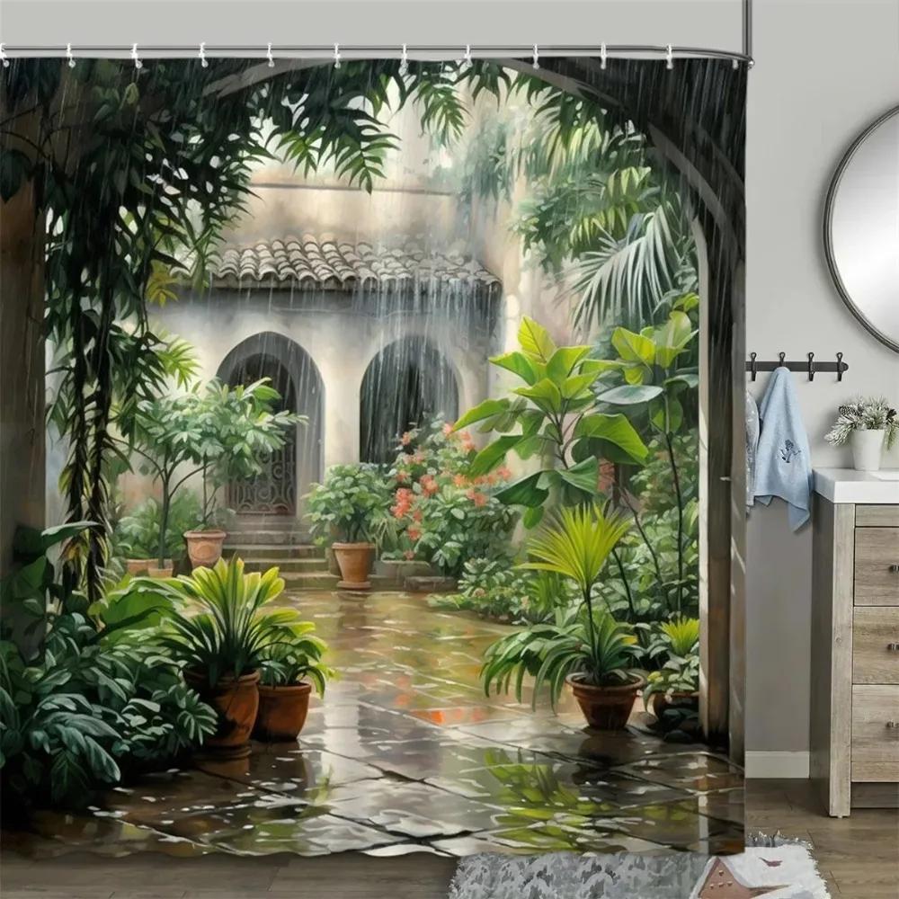 Cortina de ducha estilo chino, tablero de madera vintage, edificio de jardín, planta verde, patrón de bambú, decoración de baño, juego de cortinas