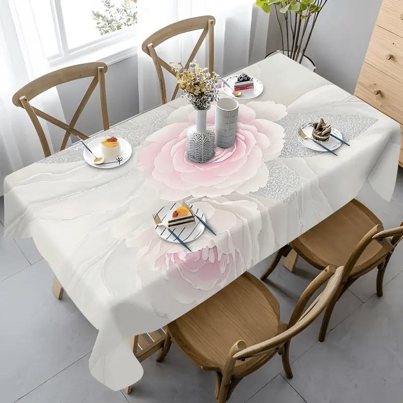 1pc Light Pink Rose and Silvery Leaf Print Tablecloth, 152.4*218.44 cm, Rectangle, Polyester, Easy to Clean, Pink Table Cloth, Pink Tablcloths, Pink T