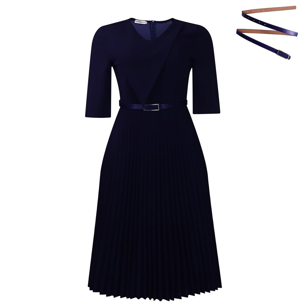 Women Plus Size V Neck Solid Color Short Sleeve High Waist Pleated A Line Dress