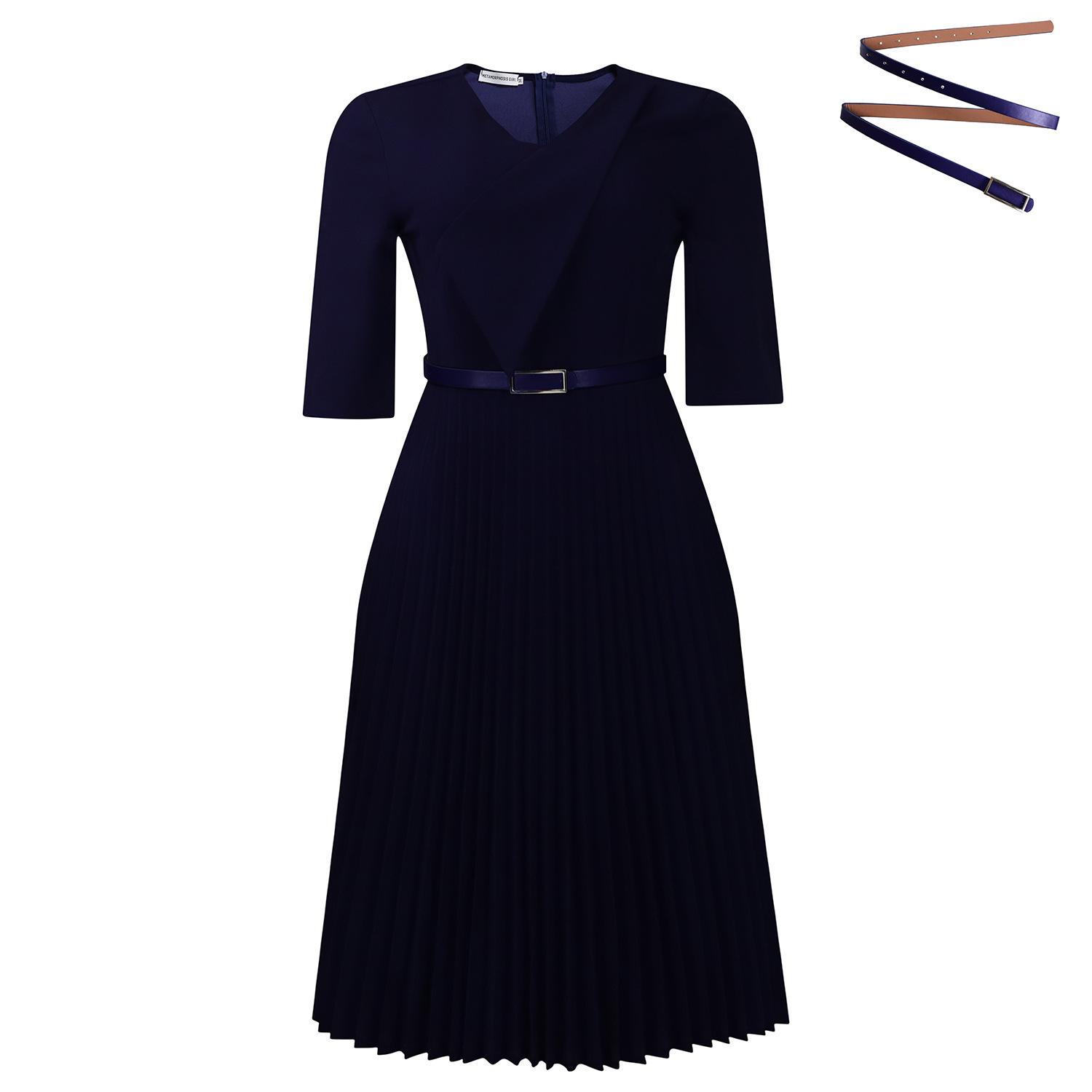 Women Solid Color V Neck Pleated High Waist A Line Mid Length Dress With Belt S