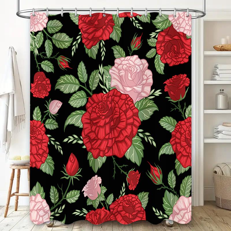Beautiful Red Roses Flower Bath Shower Curtain Waterproof Washable Printing Decorative Rug Home Decoration (Multicolor)