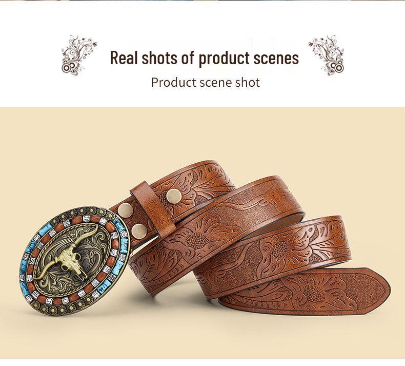 Men's Bull Head Western Leather Belt with Large Buckle