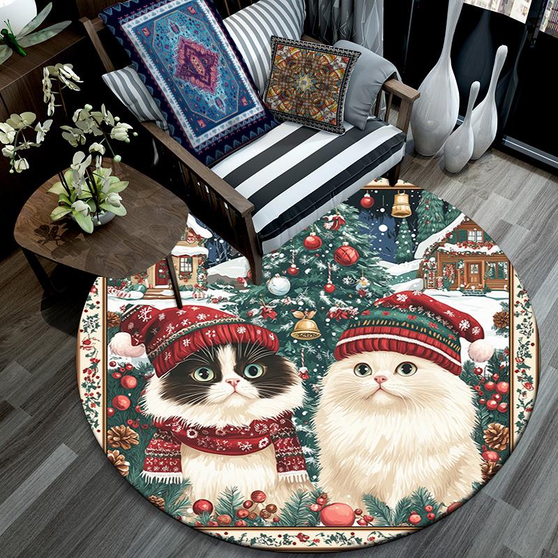 Christmas Cat Pattern Round rug,Carpet Rug for Living Room Bedroom Playroom ,Non-slip Floor Mat,Holiday Gifts and Birthday Gifts.