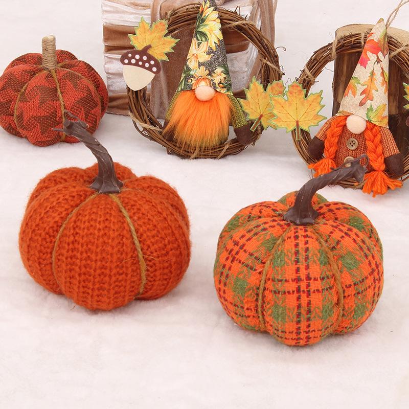 Nieuwe Oogstfeest Thanksgiving Decoratief PP Katoen Gevuld Gebreid Stof Pompoen Tafeldecoratie Set Item