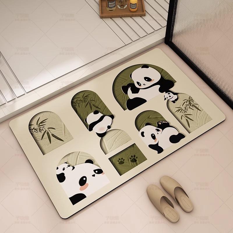 Panda Cartoon Kieselgur Saugmatte Badezimmerbodenmatte Toilettentürmatte Rutschfeste Fußmatte Eingangstürmatte