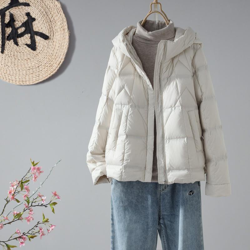 Lehká péřová bunda Dámská Krátká na zip s kapucí Volná rovná trubka Podzim Zima Bílá Kachní péřový kabát Jednobarevné