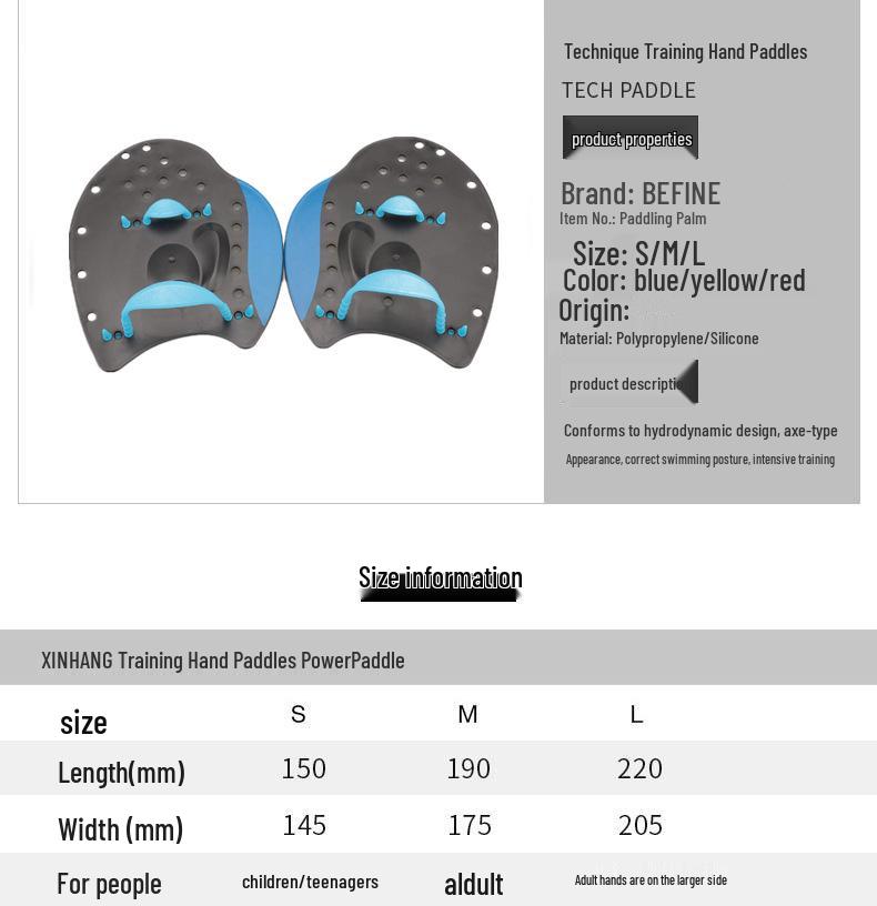 Professional Swim Training Paddles for Children and Adults - Arm Stroke Assistance Flippers.