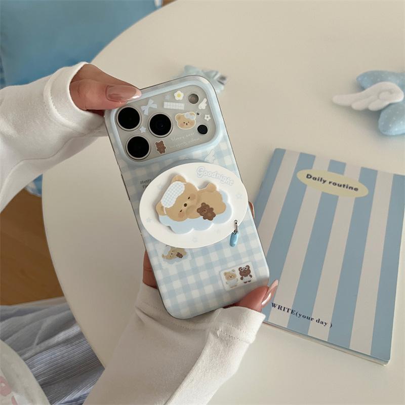 Cute Plaid Sleeping Bear Magnetic Suction Bracket for iphone11Promax iPhone 11 Mobile Phone Case 11 Female 11