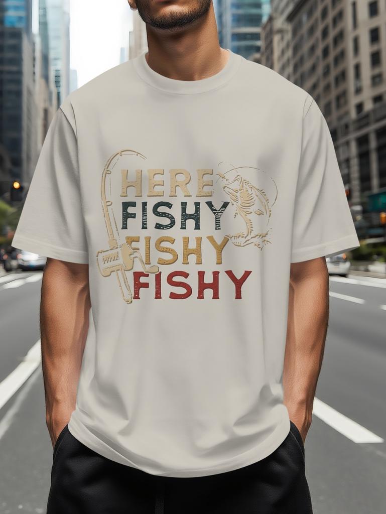Men's Summer Fun Fishing Pattern T-Shirt Minimalist Solid Color Short Sleeve Top Fashion Versatile Skin Friendly Men's Clothing