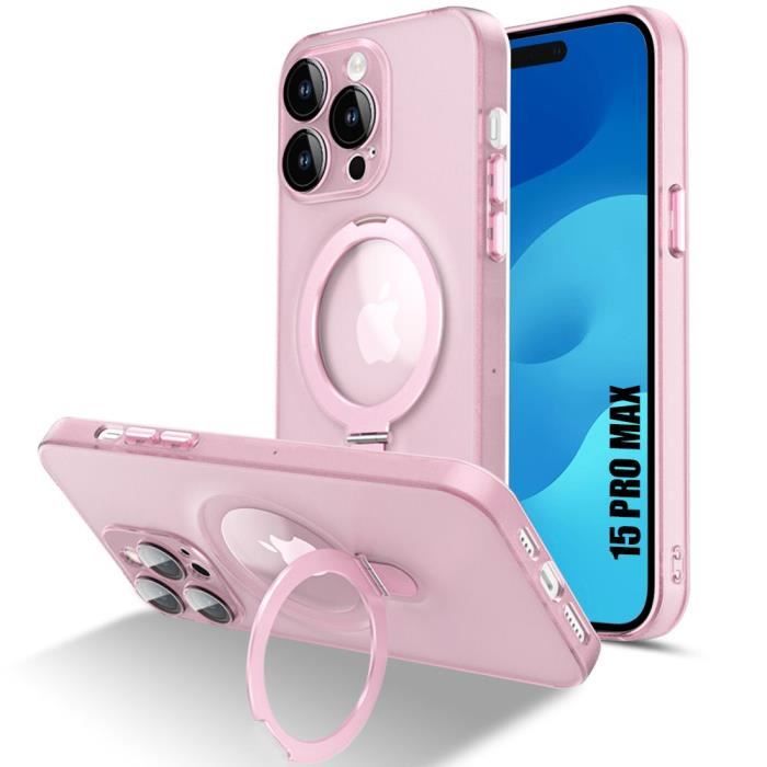 Coque pour iPhone 15 Pro Max, Protection Antichoc Rigide avec Support Anneau Magnétique et Protection Caméra - Semi-Transparent Rose