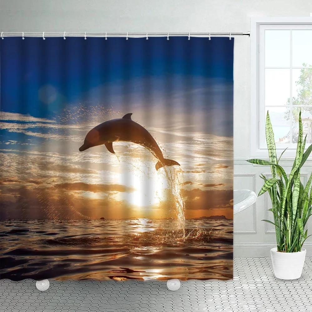 Tropical Ocean Shower Curtains For Kids Blue Ocean Dolphin Sea Turtle Fish Themed Kids Bathroom Fabric For Bath Curtain Decor