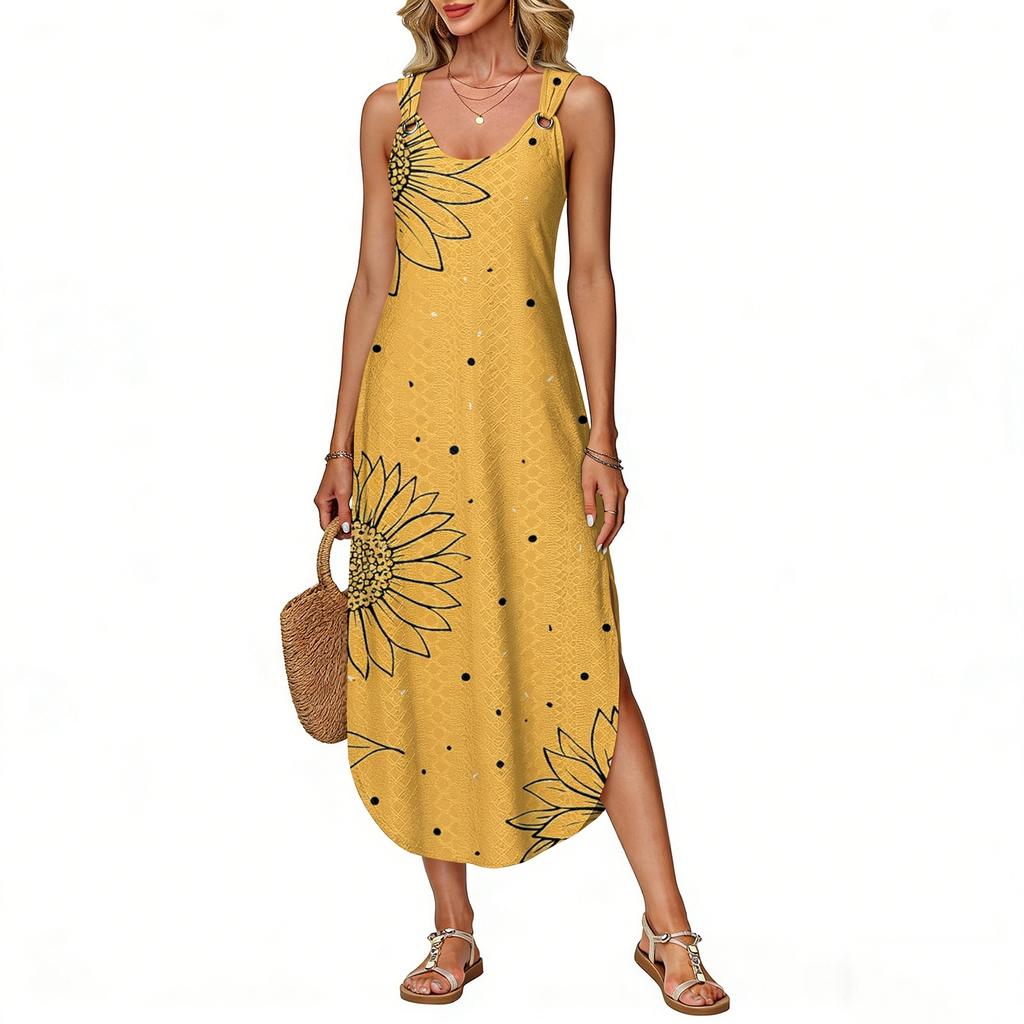 Damen Sommer Langes Kleid, Ärmellos Mit Seitenschlitzen, Langes Camisole-Kleid Mit Blumendruck