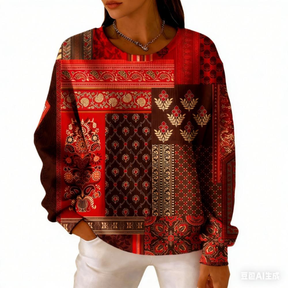 Spring Fashion Women's T-shirt Casual Vintage Print Pullover Women Long Sleeve Clothing Outdoor Casual Tees Top