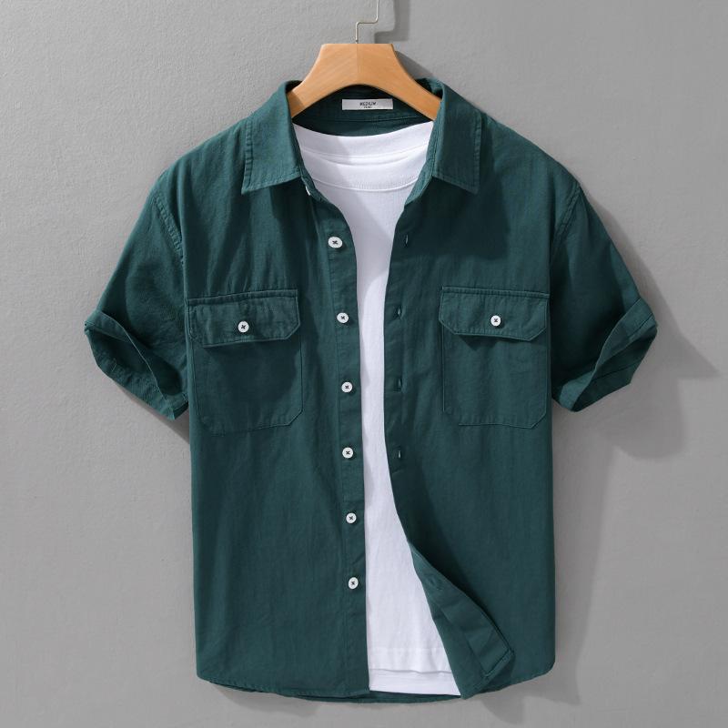 Summer Cargo Short Sleeve Shirt Men Japanese Style Workwear Men Tops Slim Fit 100cotton Casual Shirt Comfort