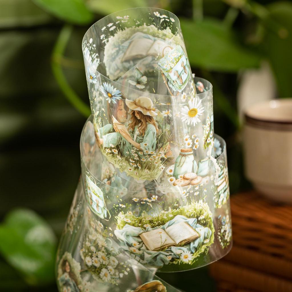 Alideco Masking Cute Retro Watercolor Camping Trip Girl Clear PET Adhesive Wide Stylish Masking Stickers 6-Pack Tape, Design, Water-Resistant Ink,