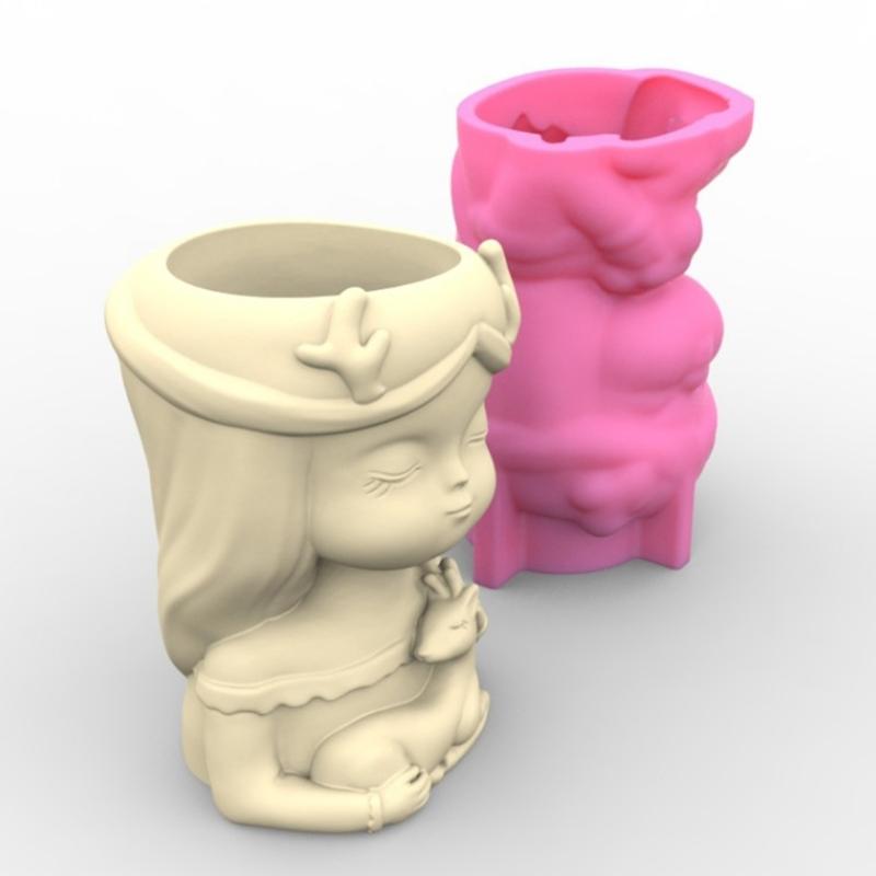 Garden Planter Pot Silicone Mold Girl and Puppy Vase Flower Pot Resin Mold Unique Gift Garden Decoration Planter Mold