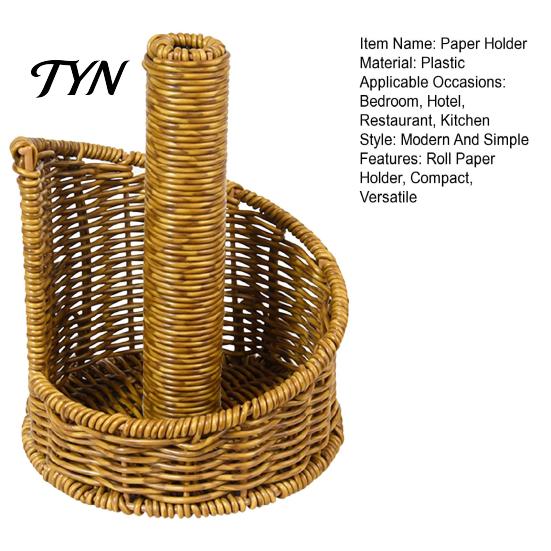 Woven Desk Paper Stand Imitation Rattan Toilet Holder, Round Towel Dispenser, Upright Roll Dispenser Boho Tissue Organizer for Bathroom Countertop And